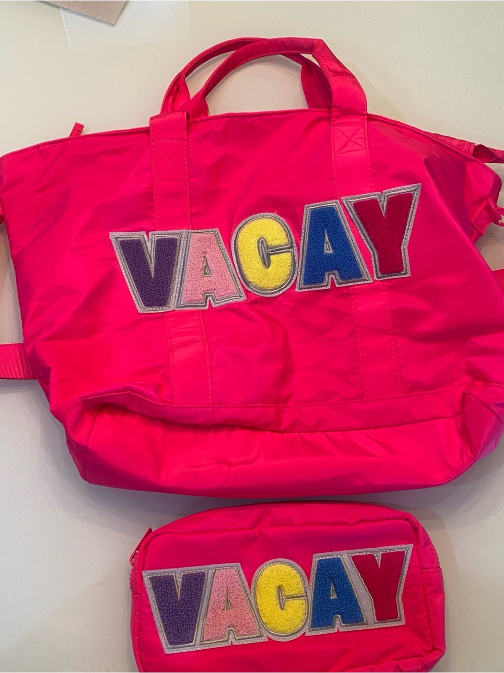 Hot Pink Nylon "VACAY" Tote & Matching Cosmetic Pouch Set